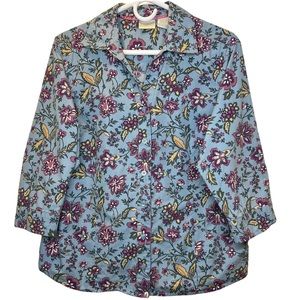 Erika Women's Size M Floral Button Up Blouse Short Sleeve Shirt 100% Cotton Blue